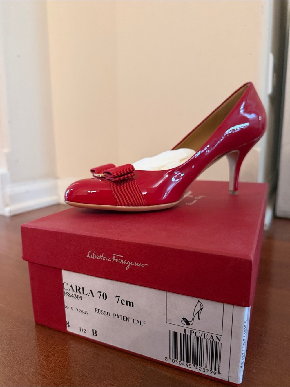 Salvatore Ferragamo Red Patent Leather Bow Pumps